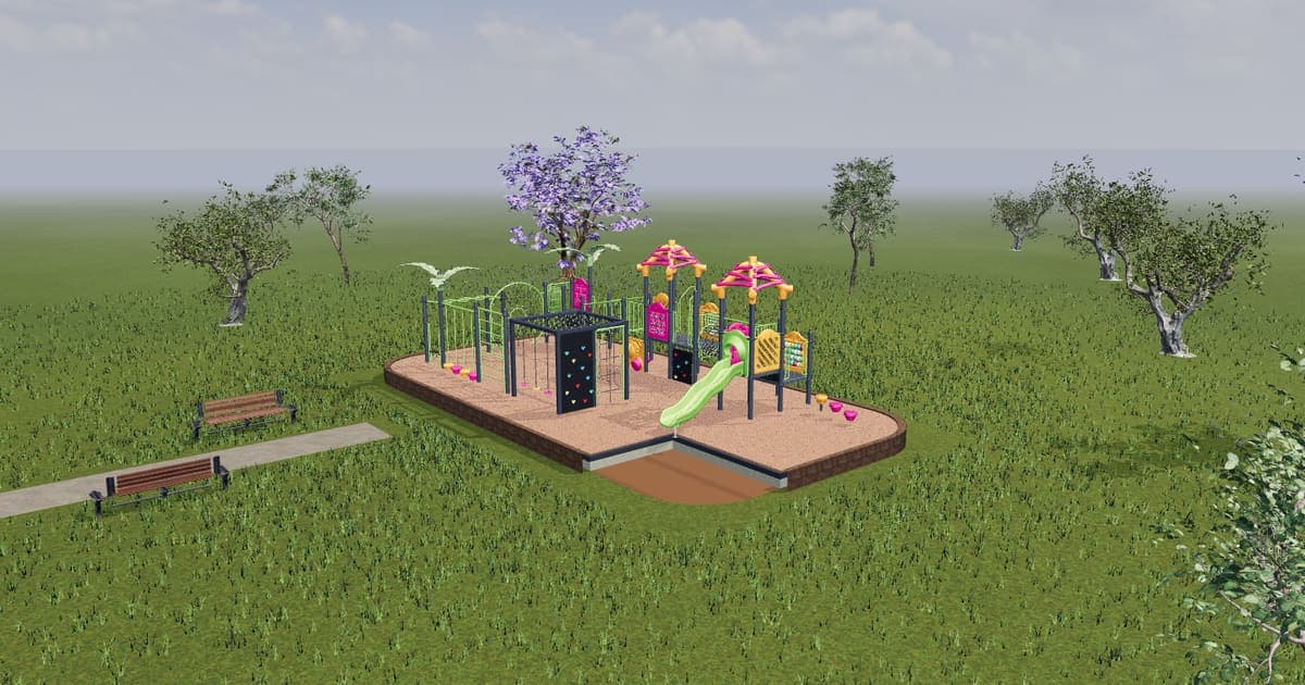3D visualisation of a finished Kidzspace playground with slides, roofs and wet pour softfall