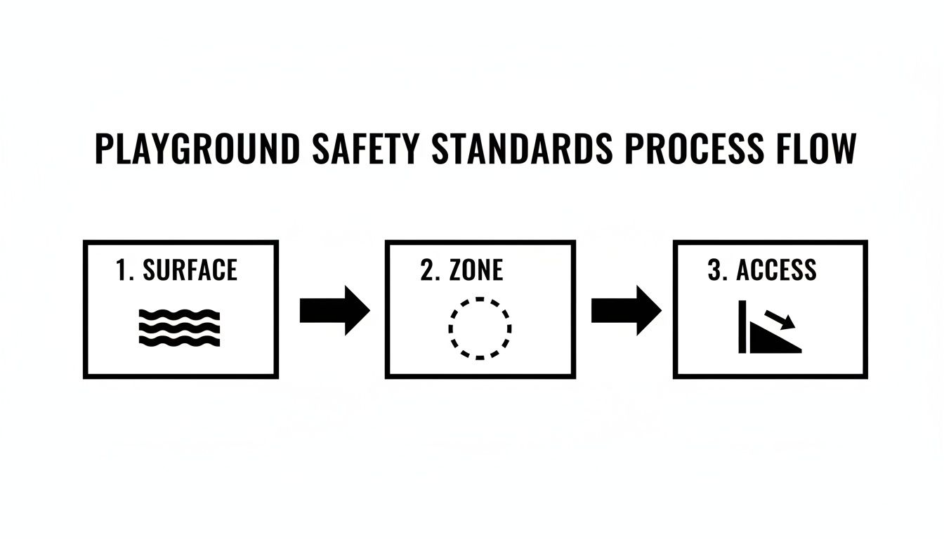Flowchart illustrating playground safety standards process: surface, zone, and access, connected by arrows.