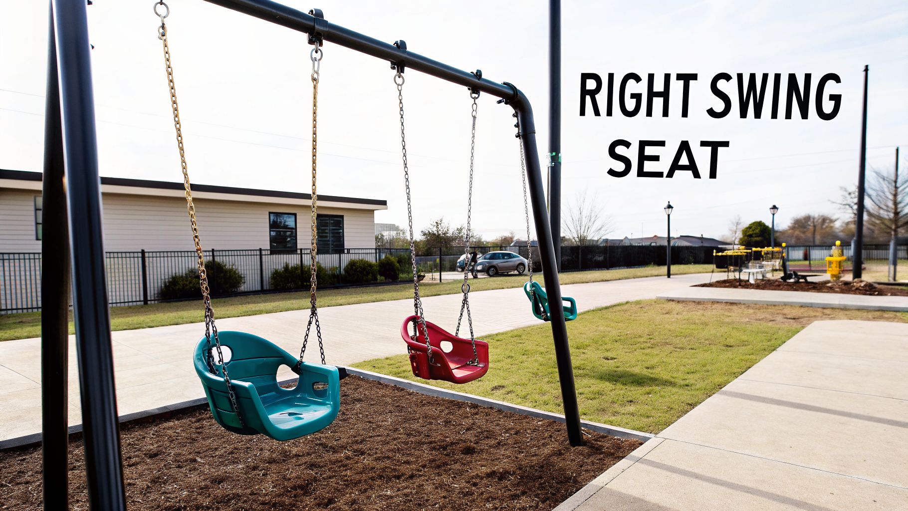 Three colorful swing seats on a playground, including a teal infant swing and a red bucket swing.