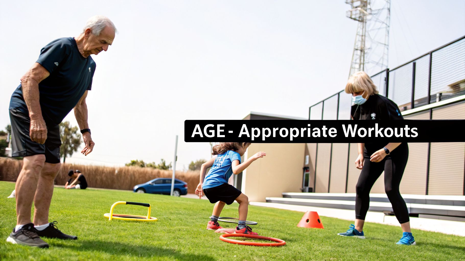 Multi-generational group engaging in age-appropriate fitness activities outdoors with equipment.