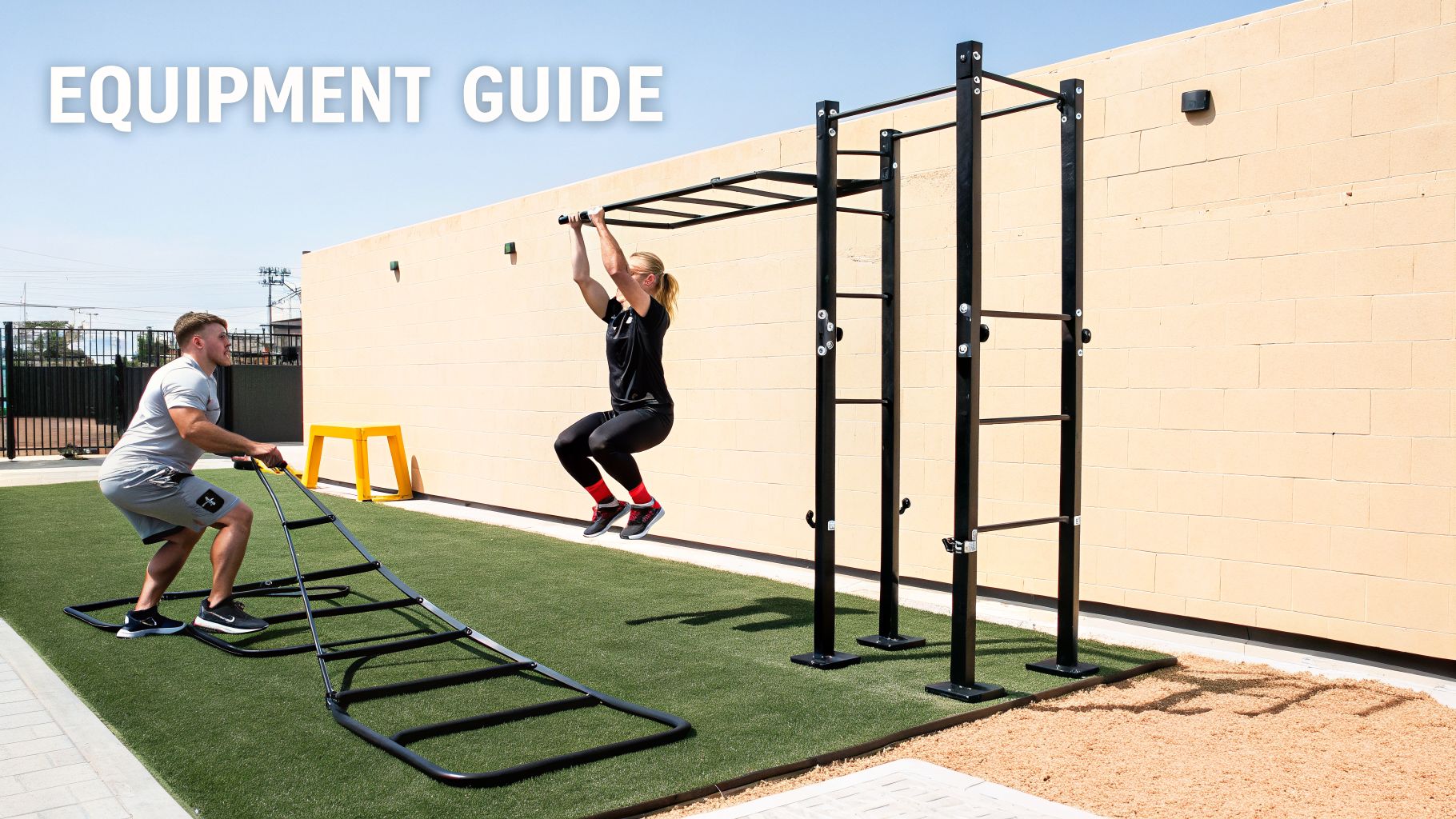 Two athletes training outdoors, one on monkey bars, the other using a fitness sled on artificial grass.