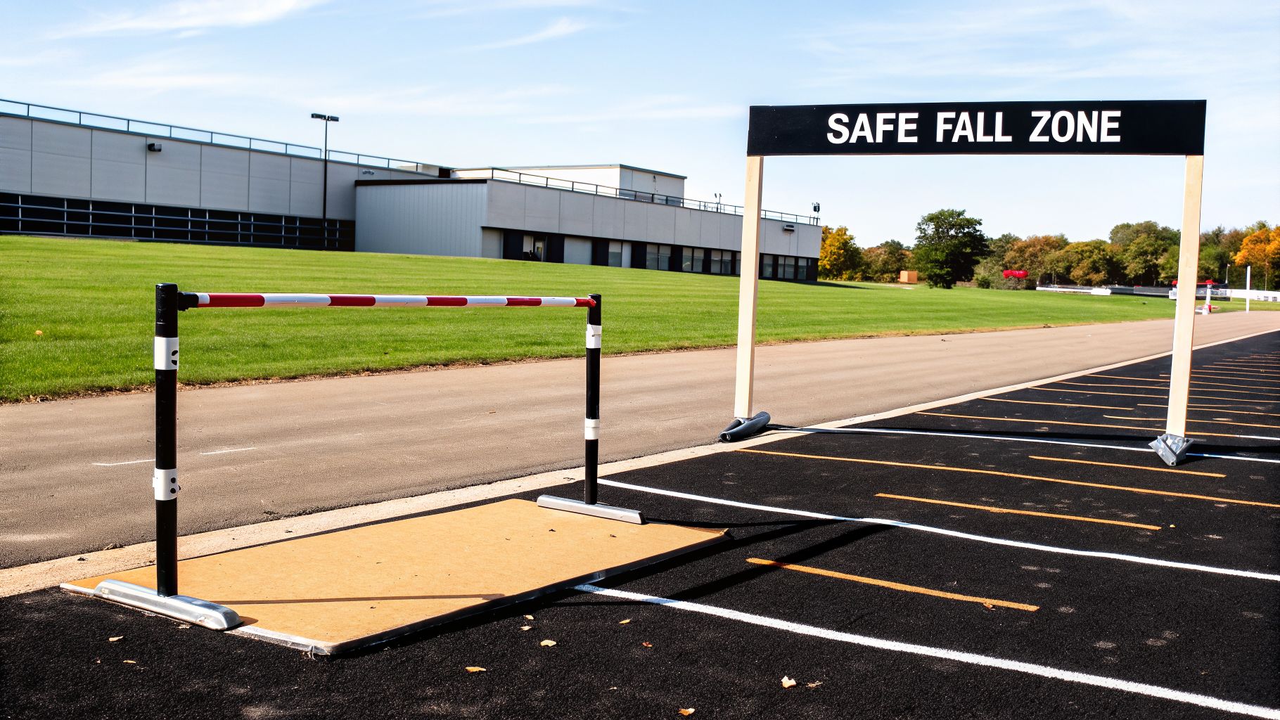 An outdoor training facility features a red and white parallel bar and a 'SAFE FALL ZONE' sign.