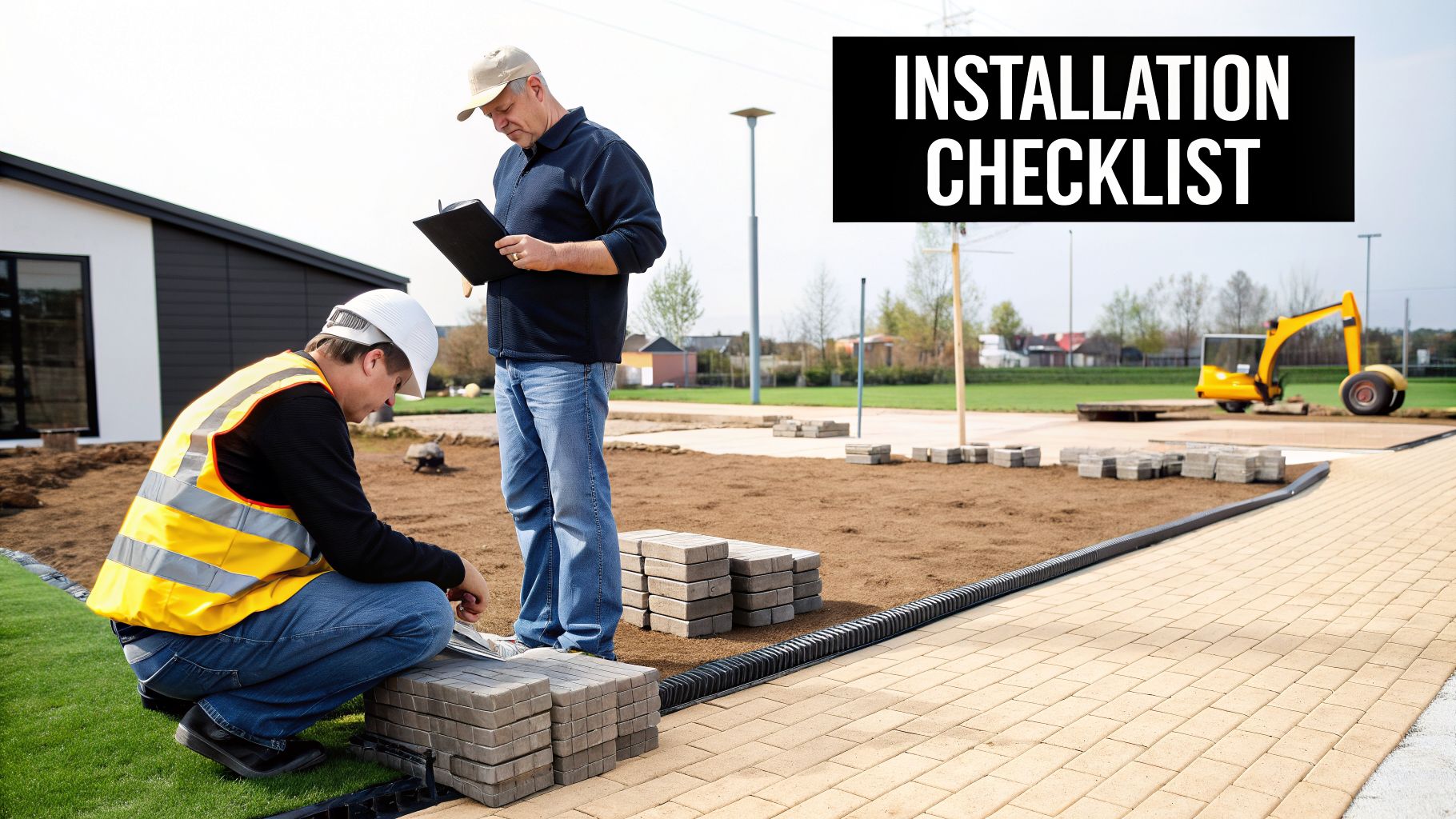 Construction workers inspecting a paving installation project on a site with an "Installation Checklist" sign.