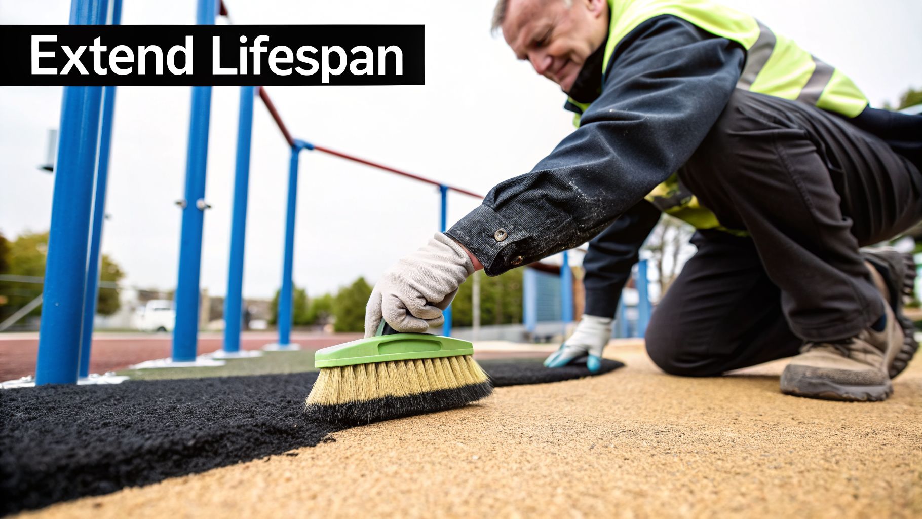 A worker kneels, spreading black rubber surfacing material on a playground floor with a brush.