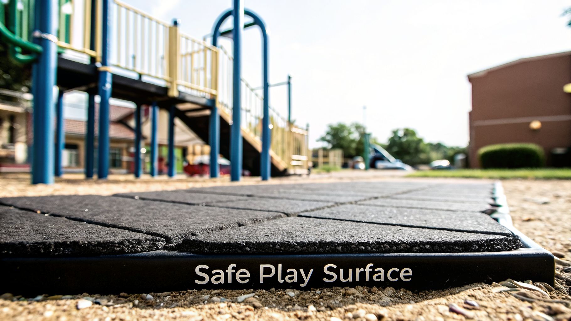 Close-up of black interlocking rubber mats on a playground, providing a 'Safe Play Surface' under equipment.