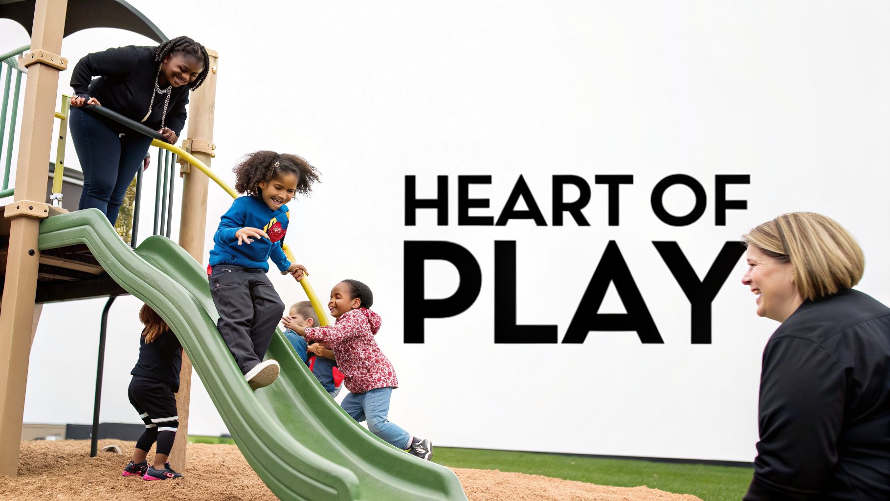 Happy children and adults enjoying a green playground slide, fostering a heart of play.