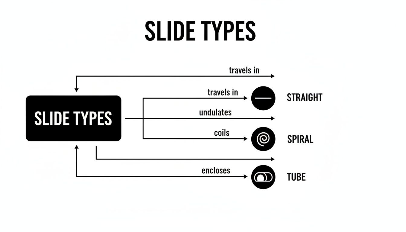 A black and white diagram titled 'Slide Types' showing straight, spiral, and tube slide categories.