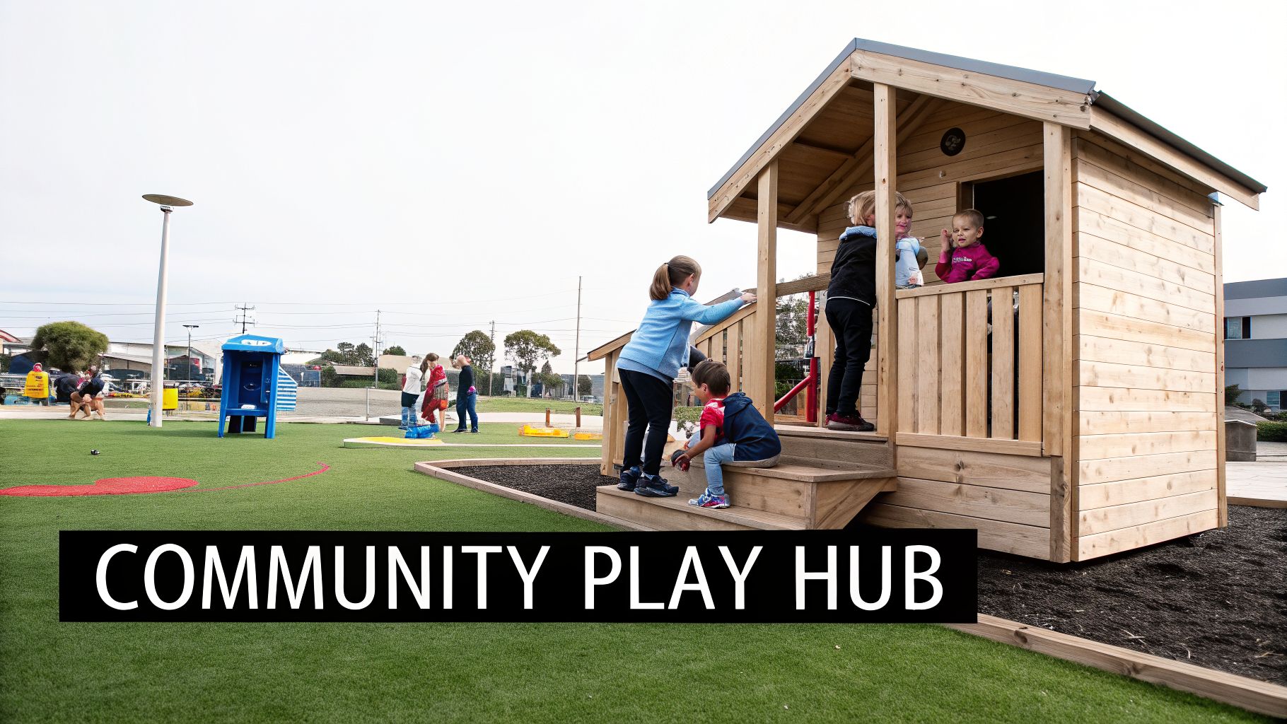 Children play on a green artificial turf playground with a timber cubby house.