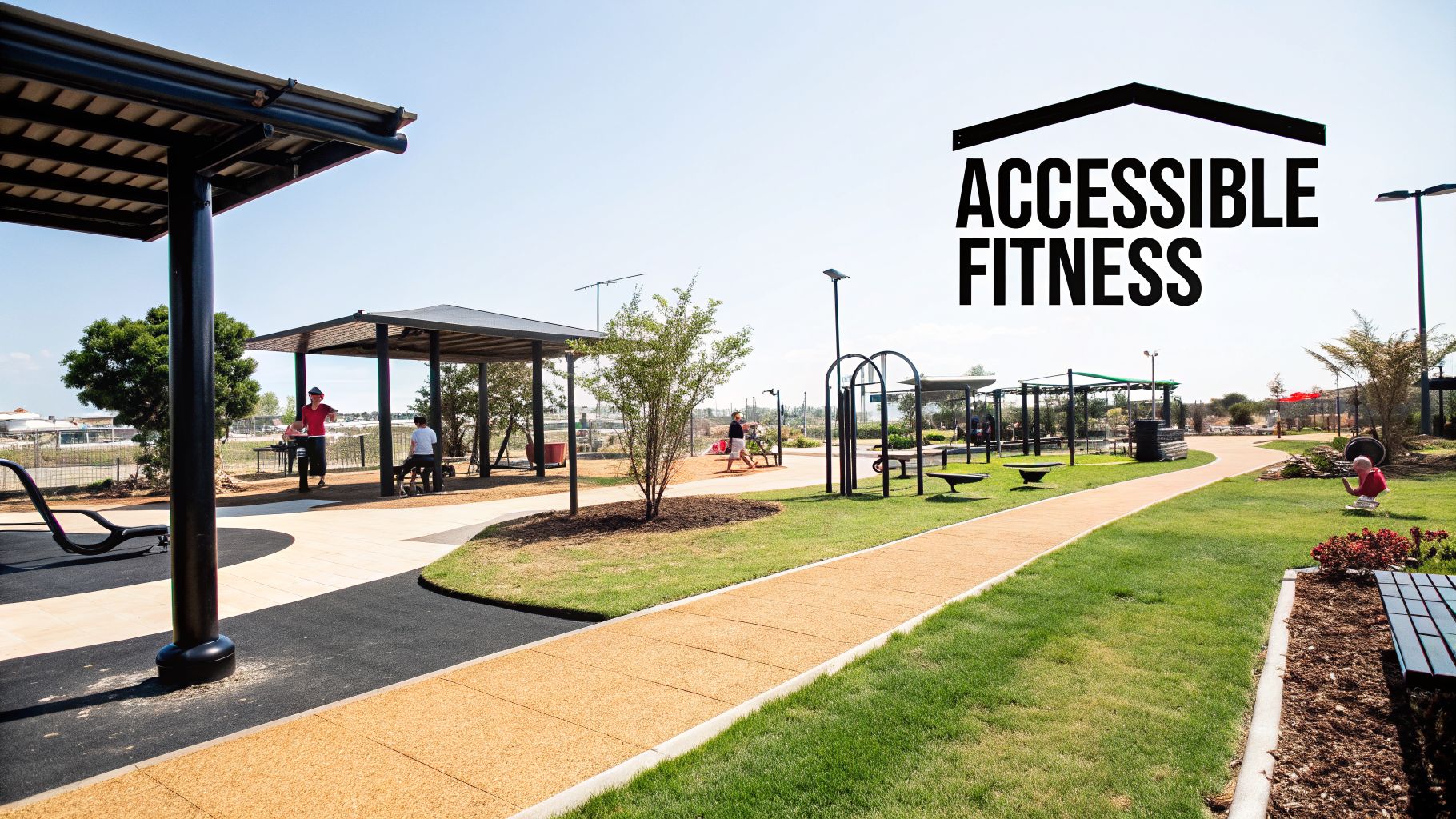 An outdoor accessible fitness park with exercise equipment, paved paths, and people enjoying the sunny day.