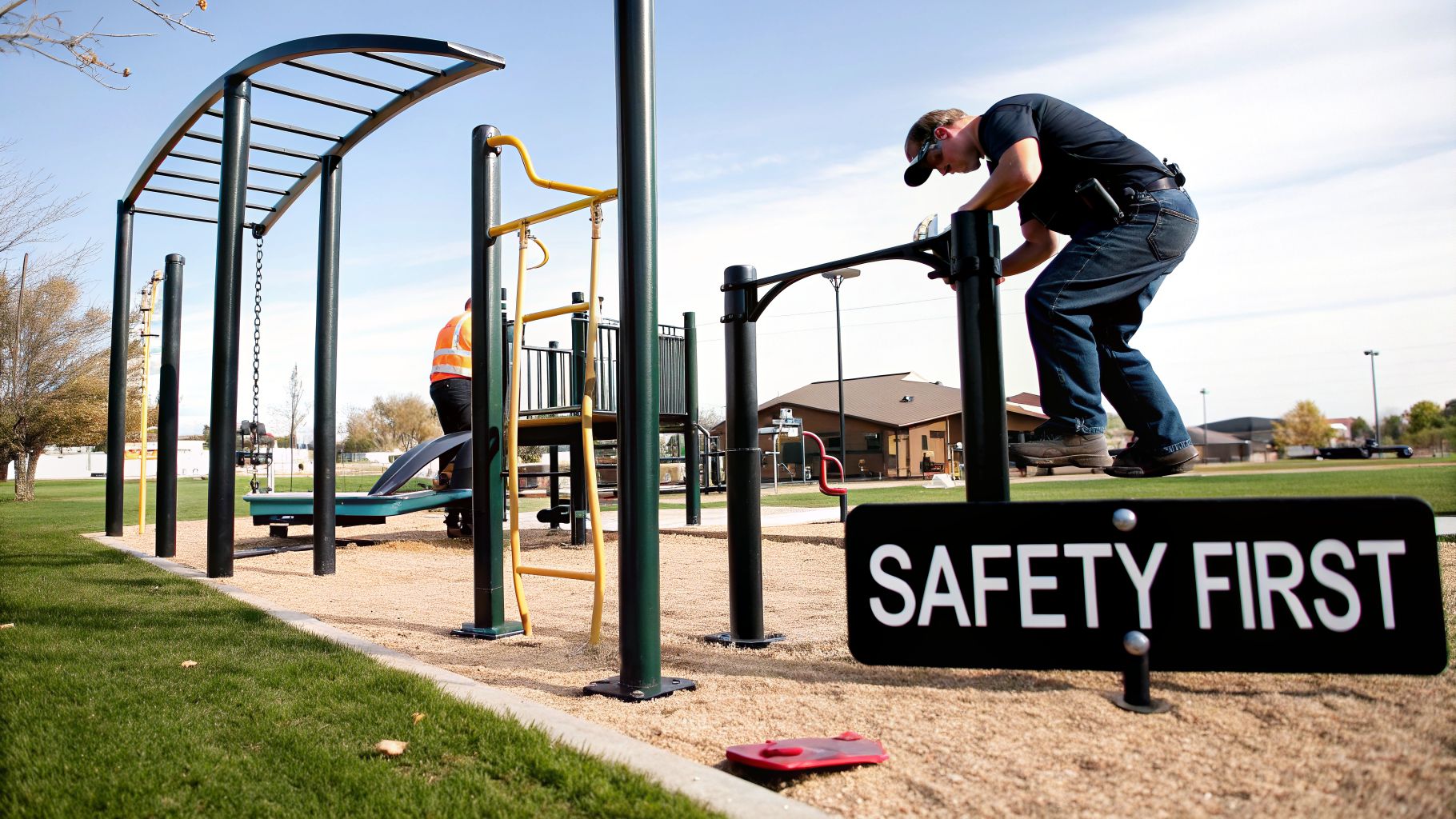 Two workers maintaining playground equipment in a park, with a prominent 'Safety First' sign.