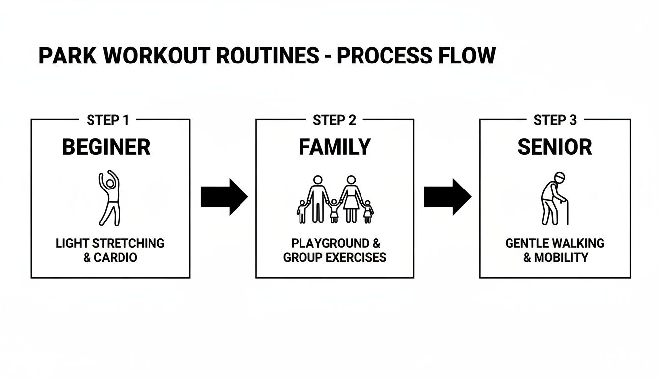 A process flow diagram showing three steps for park workout routines: Beginner, Family, and Senior.