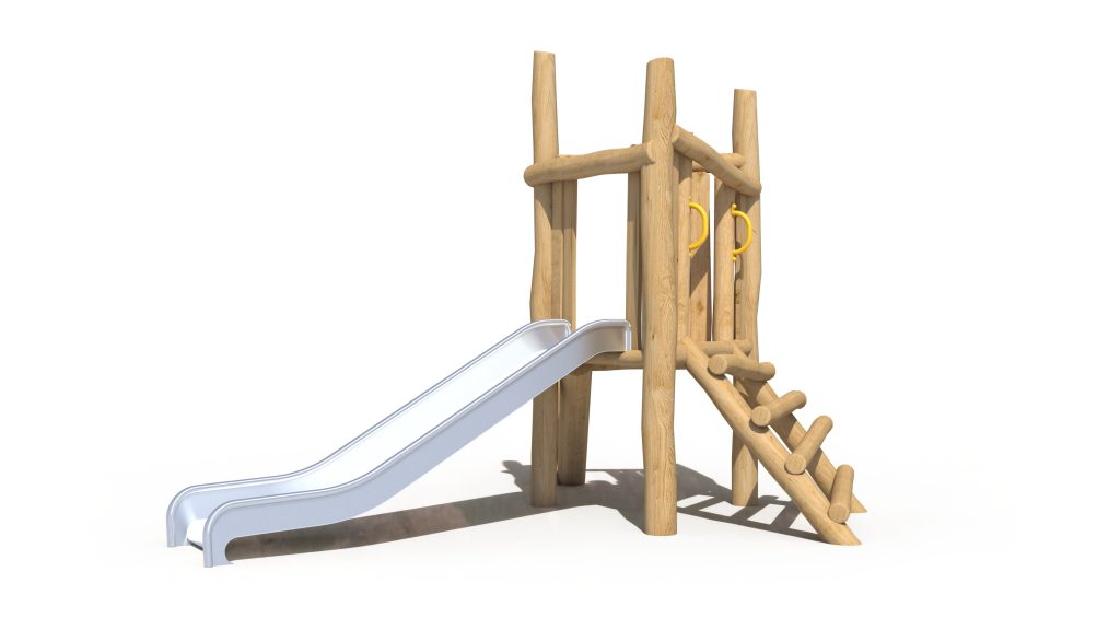 Cubby Climber timber playground by Kidzspace Australia - compact wooden play structure featuring a 4-rung ladder leading to an elevated platform with stainless steel slide. Sustainable Australian timber commercial playground equipment, perfect for schools, childcare centres, community parks and family backyards in Brisbane and Queensland.