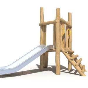 Cubby Climber timber playground by Kidzspace Australia - compact wooden play structure featuring a 4-rung ladder leading to an elevated platform with stainless steel slide. Sustainable Australian timber commercial playground equipment, perfect for schools, childcare centres, community parks and family backyards in Brisbane and Queensland.