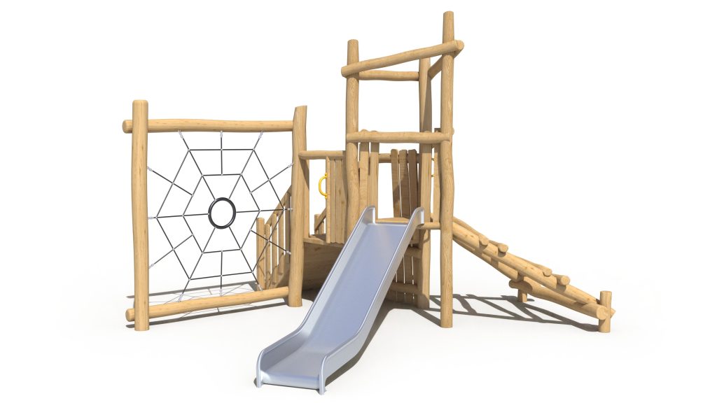Cubby Climber with Spider Net sustainable timber playground by Kidzspace Australia - compact wooden play structure featuring a 4-rung ladder, timber staircase, spider net climber and stainless steel slide. Eco-friendly renewable timber commercial playground equipment, ideal for schools, childcare centres, community parks and family backyards in Brisbane, Queensland and across Australia.