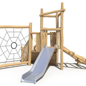 Cubby Climber with Spider Net sustainable timber playground by Kidzspace Australia - compact wooden play structure featuring a 4-rung ladder, timber staircase, spider net climber and stainless steel slide. Eco-friendly renewable timber commercial playground equipment, ideal for schools, childcare centres, community parks and family backyards in Brisbane, Queensland and across Australia.