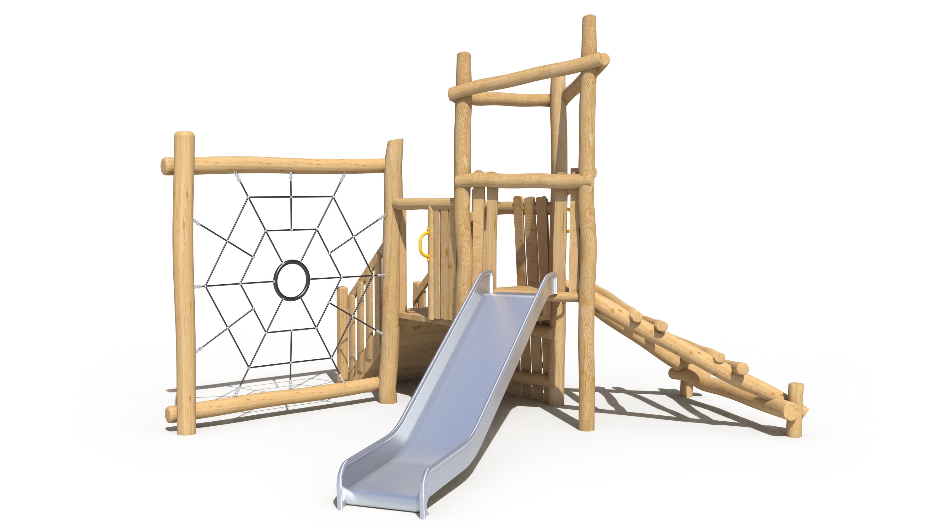 Cubby Climber with Spider Net sustainable timber playground by Kidzspace Australia - compact wooden play structure featuring a 4-rung ladder, timber staircase, spider net climber and stainless steel slide. Eco-friendly renewable timber commercial playground equipment, ideal for schools, childcare centres, community parks and family backyards in Brisbane, Queensland and across Australia.