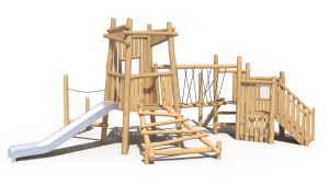 Bridge Explorer sustainable timber playground by Kidzspace Australia - exciting wooden play structure featuring a bridge, stainless steel slide, 4-rung ladder, staircase, central tower and 5 different entrances and exits. Eco-friendly renewable timber commercial playground equipment, perfect for schools, childcare centres, community parks and family backyards in Brisbane, Queensland and across Australia.