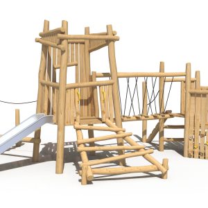 Bridge Explorer sustainable timber playground by Kidzspace Australia - exciting wooden play structure featuring a bridge, stainless steel slide, 4-rung ladder, staircase, central tower and 5 different entrances and exits. Eco-friendly renewable timber commercial playground equipment, perfect for schools, childcare centres, community parks and family backyards in Brisbane, Queensland and across Australia.