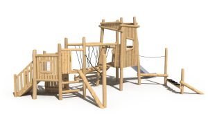 Bridge Explorer sustainable timber playground by Kidzspace Australia - exciting wooden play structure featuring a bridge, stainless steel slide, 4-rung ladder, staircase, central tower and 5 different entrances and exits. Eco-friendly renewable timber commercial playground equipment, perfect for schools, childcare centres, community parks and family backyards in Brisbane, Queensland and across Australia.