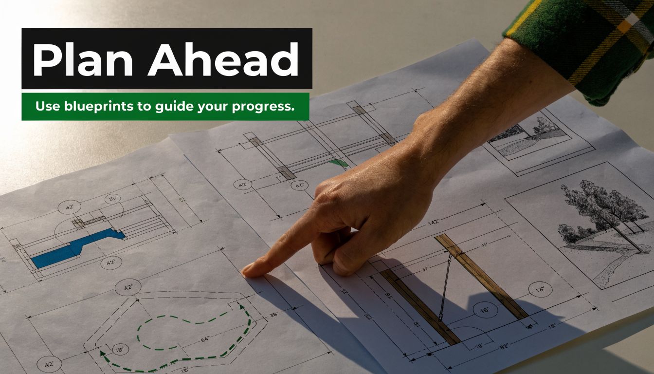 A person pointing to a blueprint showing designs for an outdoor adult obstacle course project.