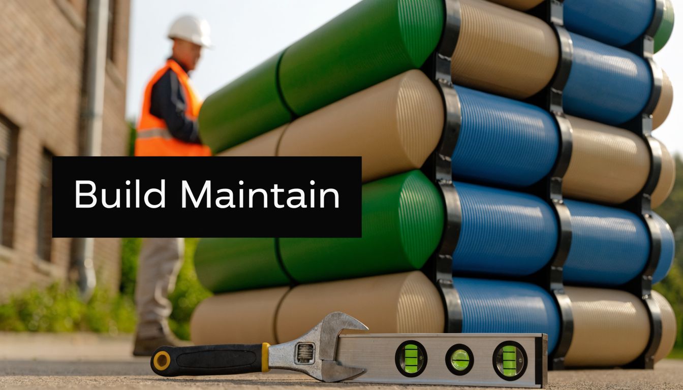 A construction site features an adult obstacle course element made of stacked pipes with a worker and tools.