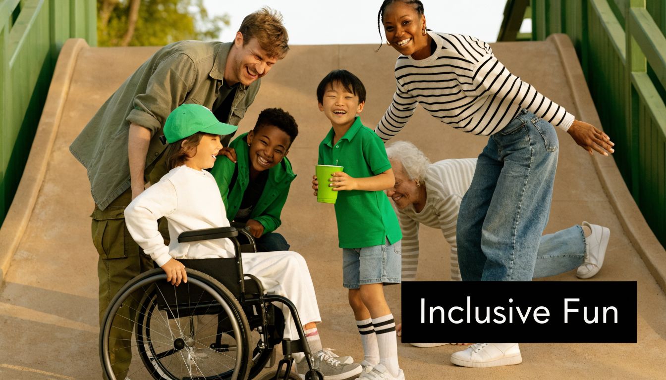 A group of diverse people including children and adults enjoying an inclusive and accessible park environment.