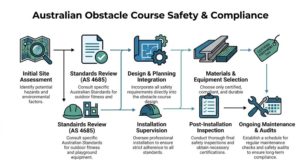 A flowchart diagram illustrating the steps for Australian obstacle course safety and compliance regulations.