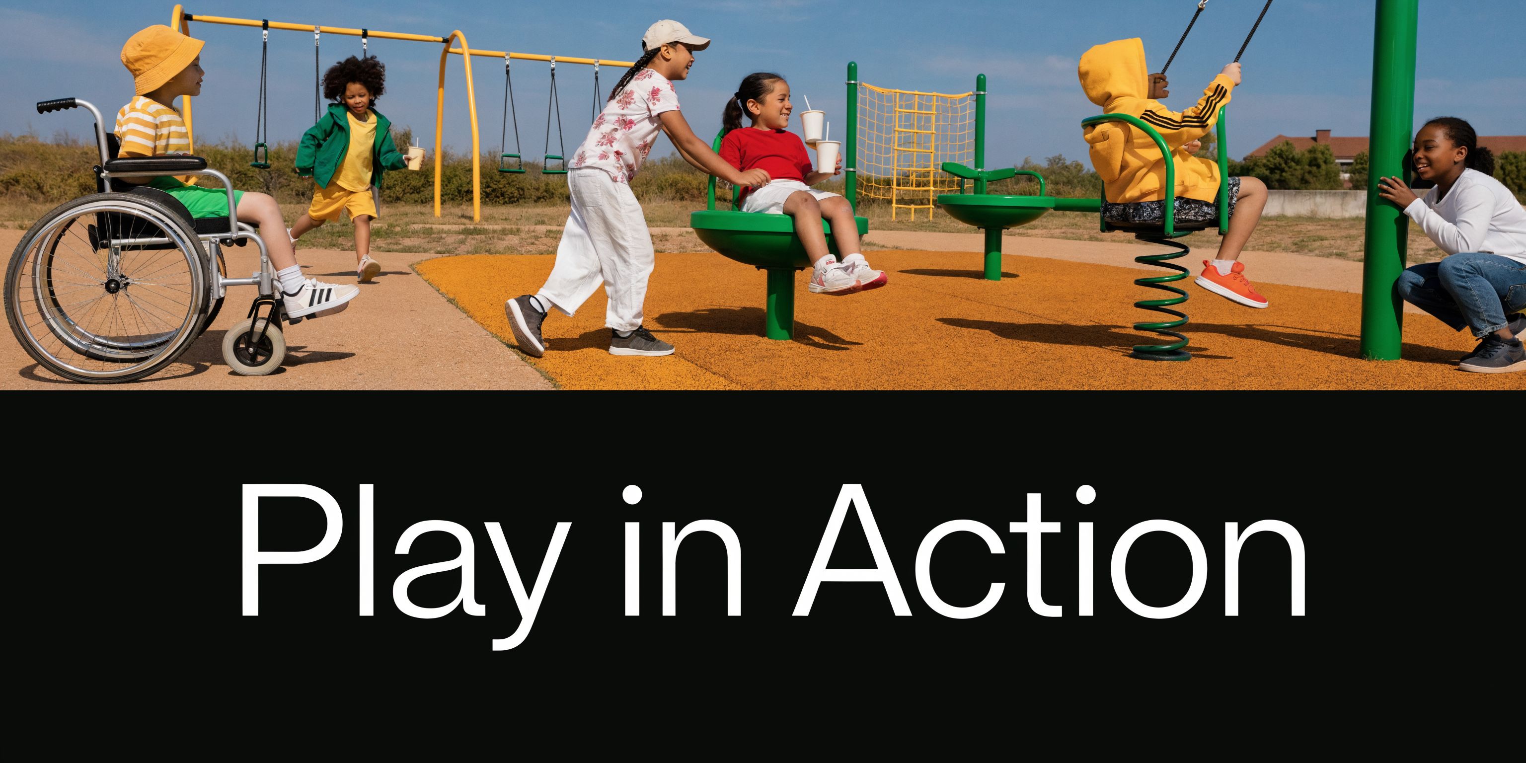A diverse group of happy children playing together in an inclusive and accessible outdoor playground facility.