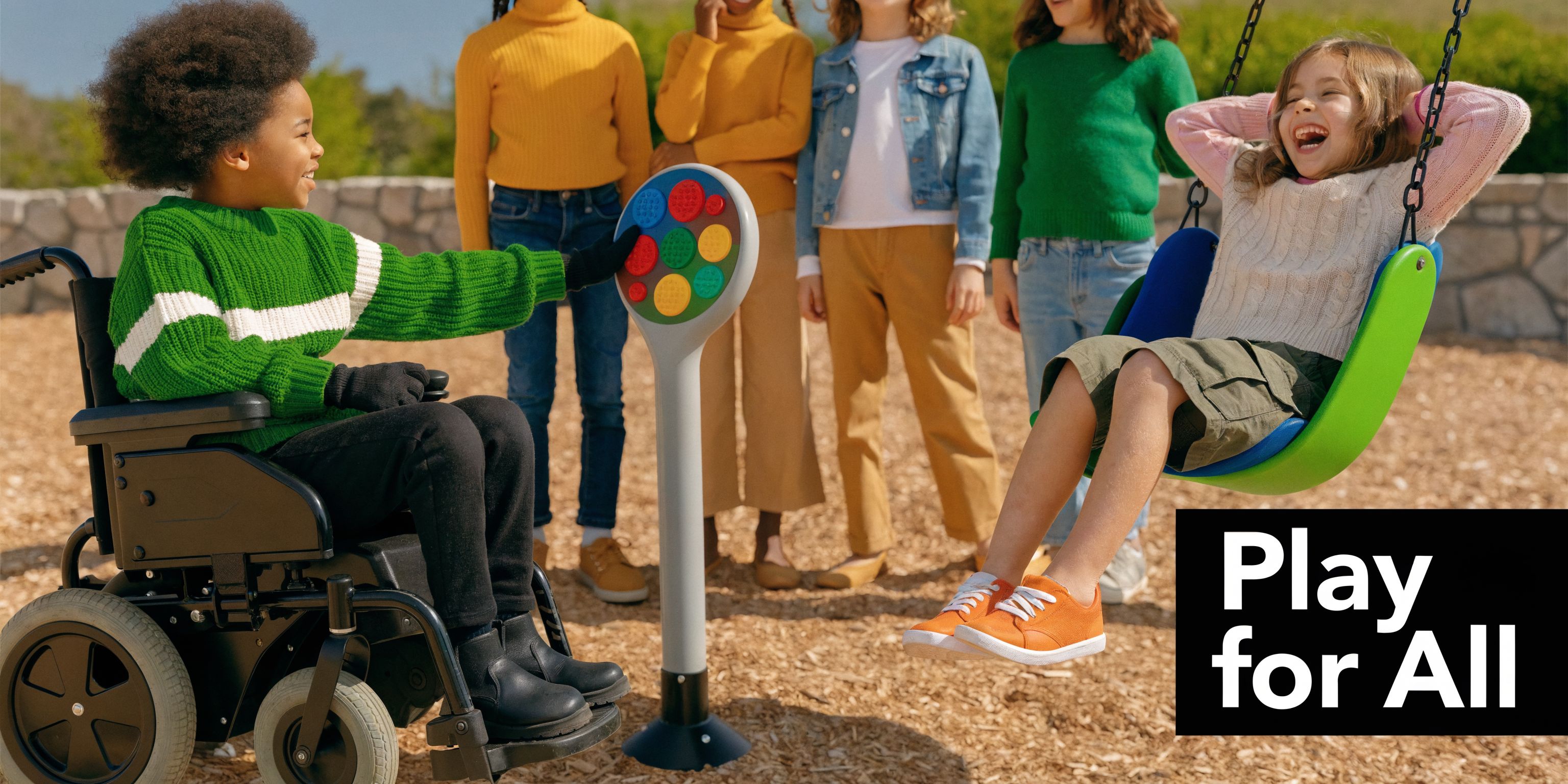 A child in a wheelchair interacts with a sensory play panel while another child swings nearby.