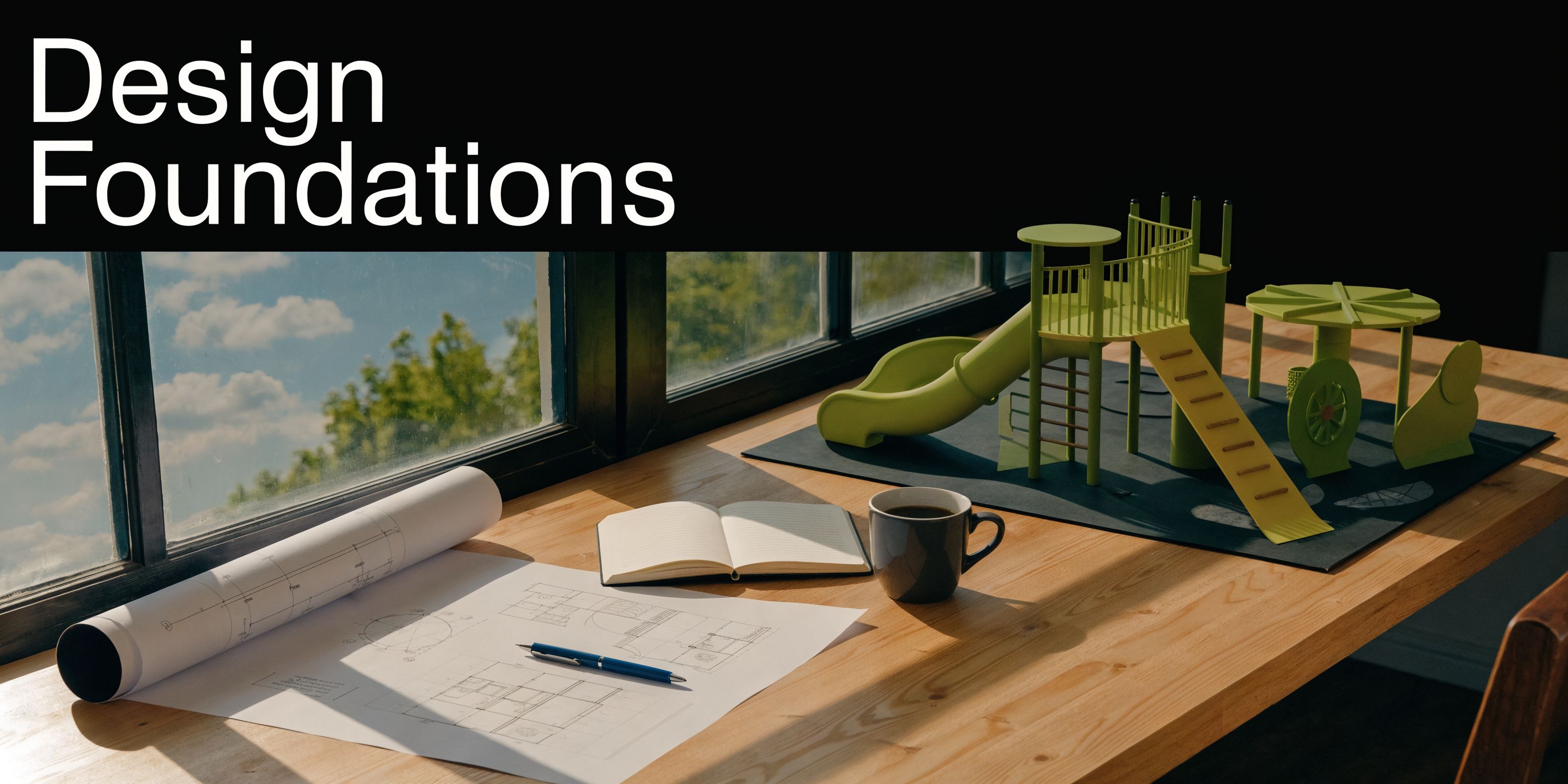 A wooden architect desk featuring a playground scale model, blueprint, notebook, and a cup of coffee.