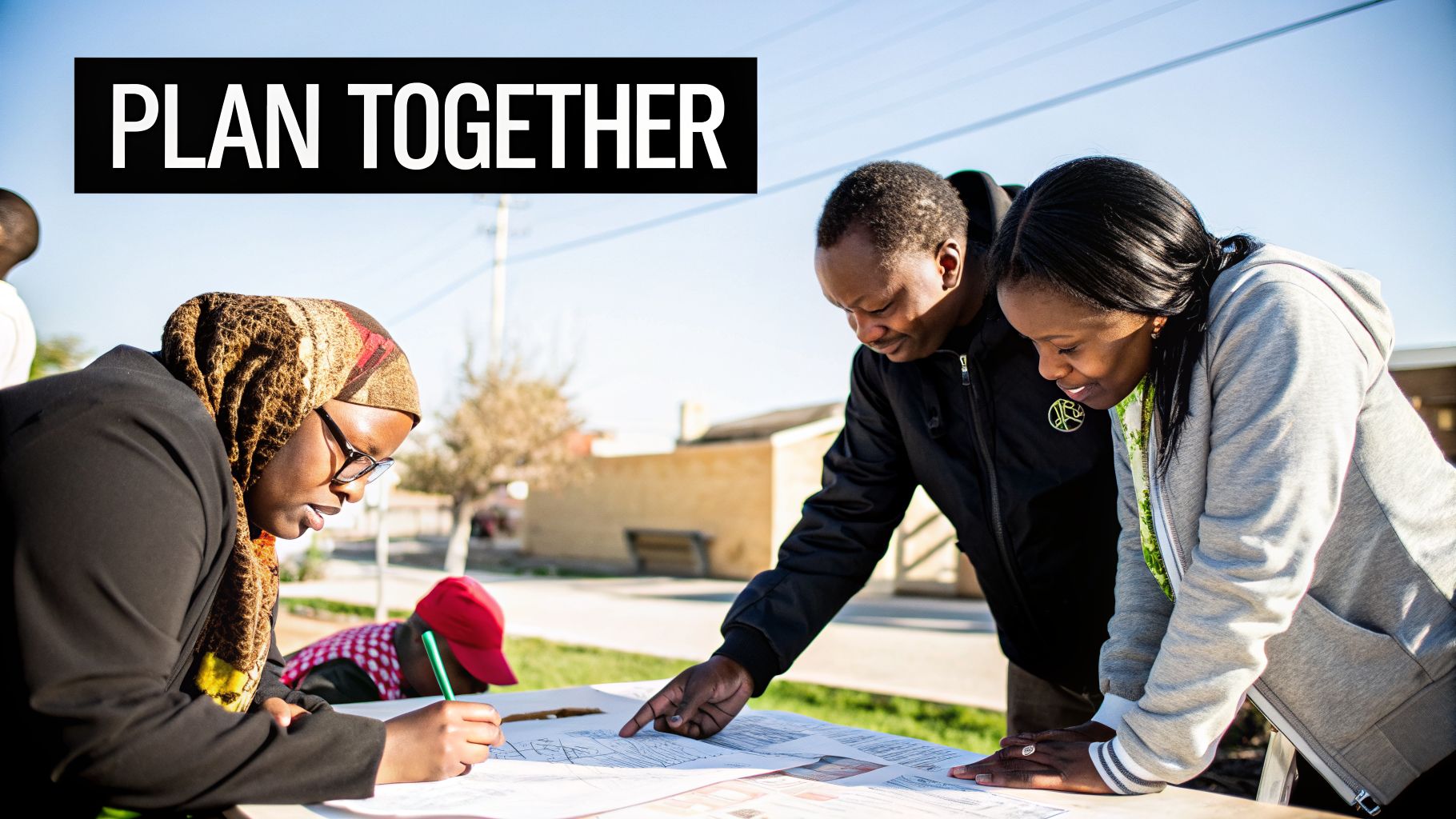 Diverse group of people collaborating on a plan outdoors, looking at documents on a table.