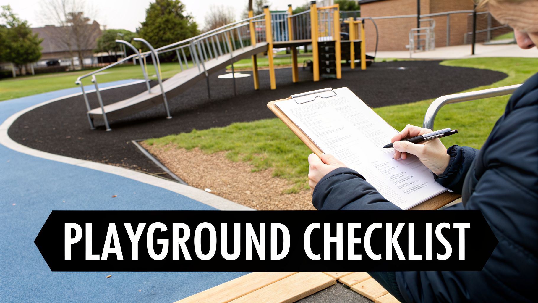 Person holding a clipboard and pen, marking off items on a playground safety checklist.