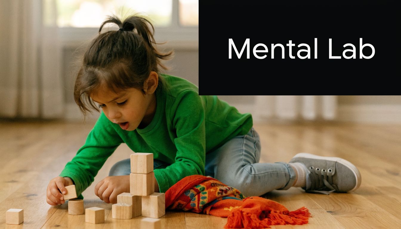 A young child sitting on the wooden floor playing with wooden building blocks in a bright room.