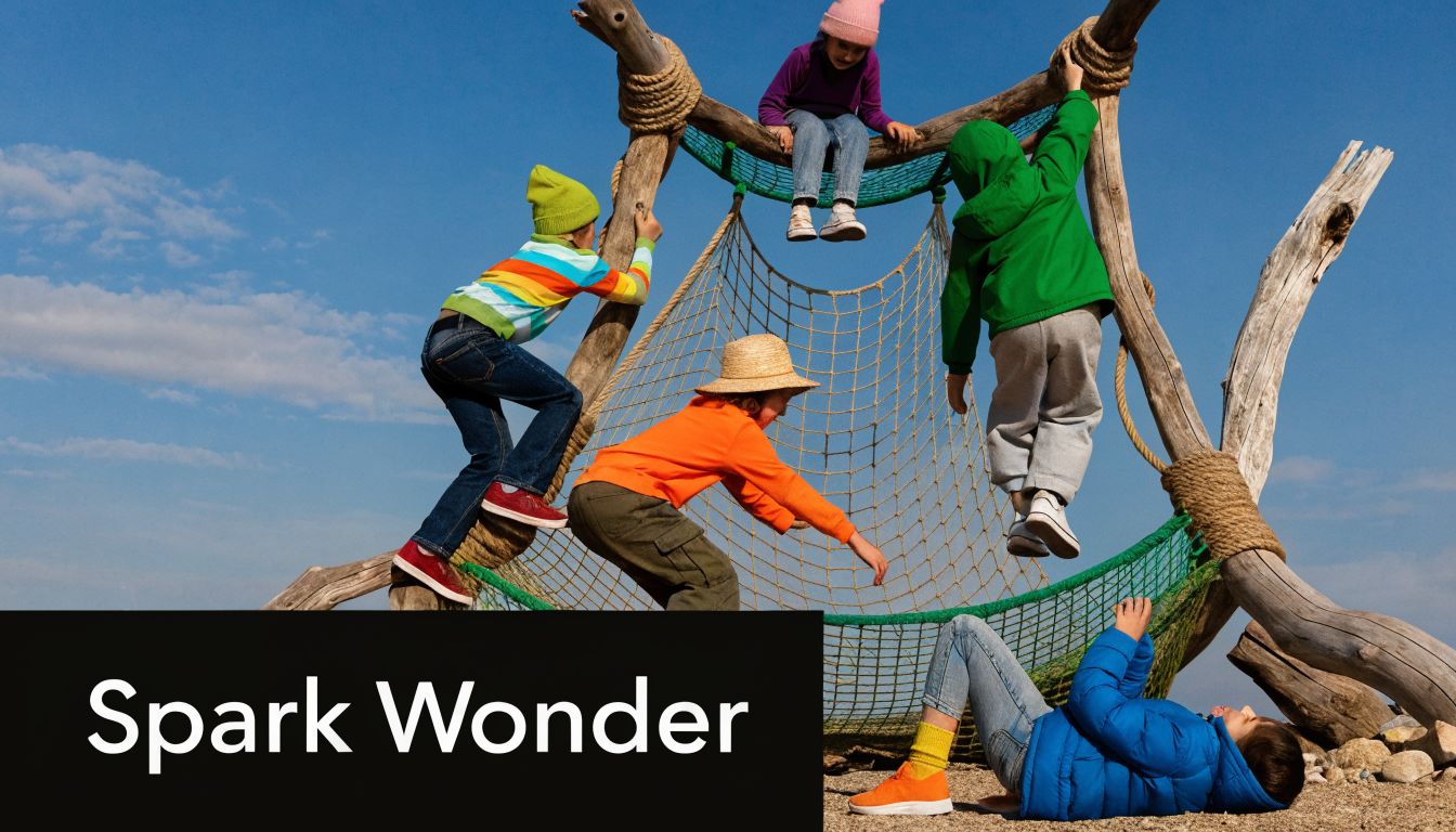 A group of happy children playing on a creative wooden and rope climbing structure outdoors.