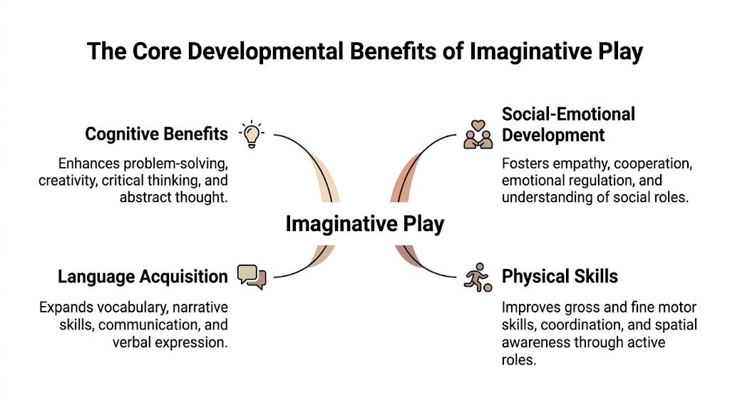 A diagram outlining the cognitive, social, language, and physical developmental benefits of imaginative play for children.
