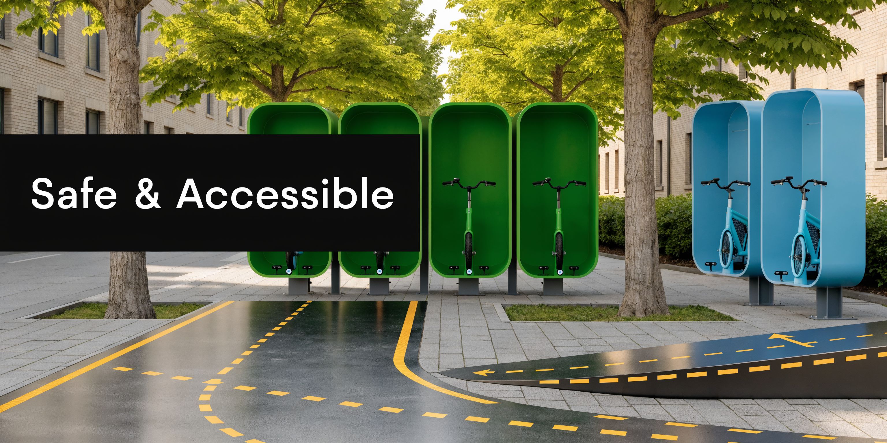 A modern outdoor bike storage area featuring colorful pods for parked bicycles on a city street.