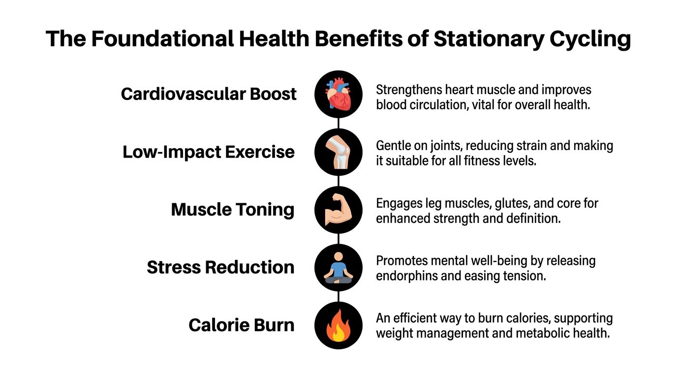 An infographic titled The Foundational Health Benefits of Stationary Cycling detailing five key fitness advantages.