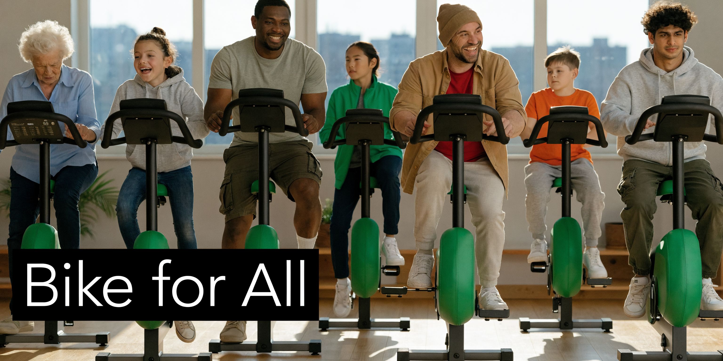 A diverse group of people of various ages and backgrounds exercising together on stationary bikes indoors.