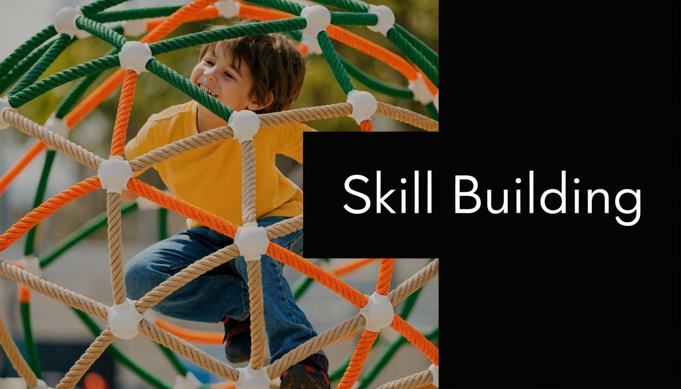 A happy young boy climbing on a colorful rope dome structure at an outdoor playground.