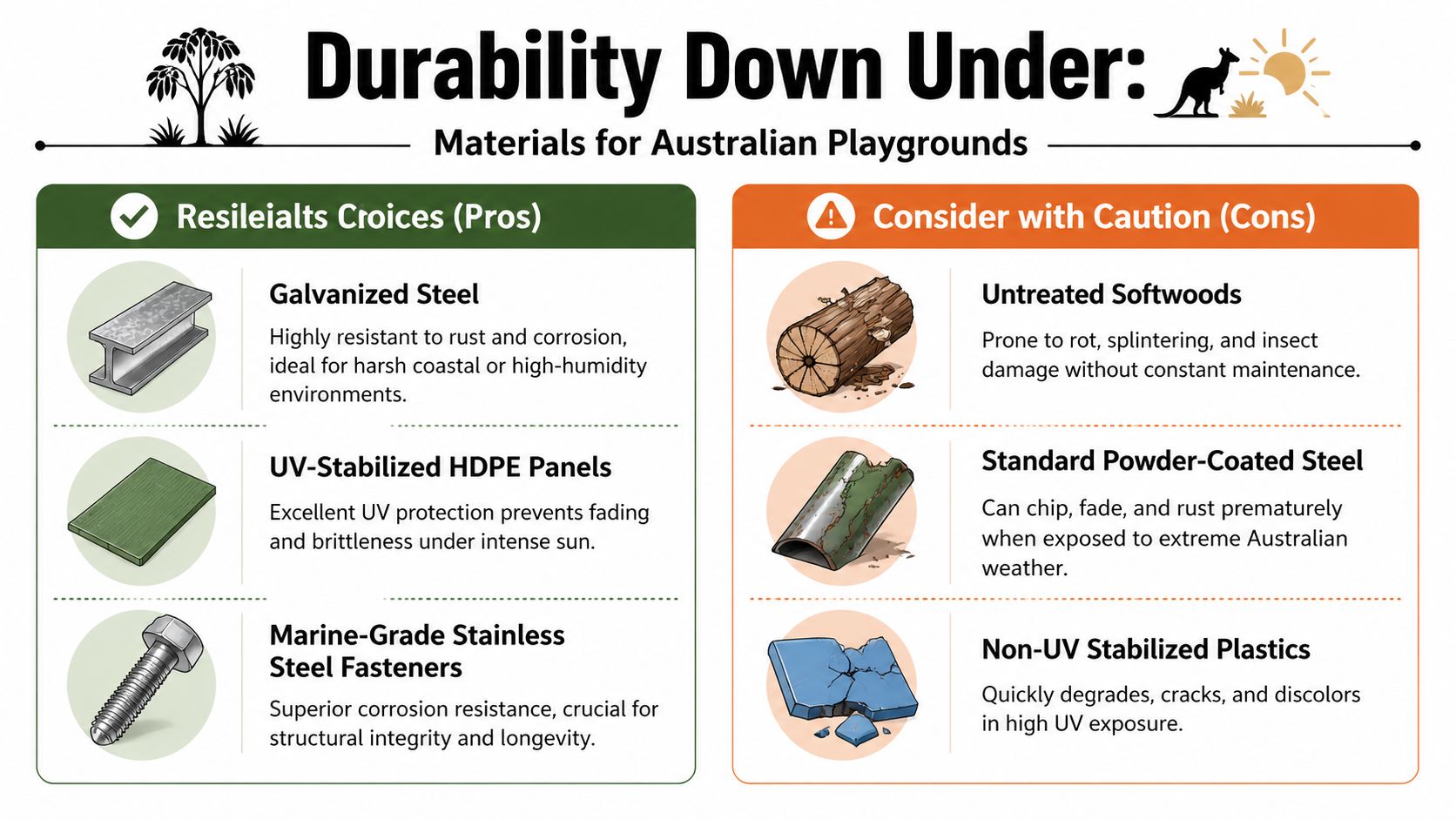 An infographic comparing durable and unsuitable materials for building outdoor playground equipment in Australian weather conditions.