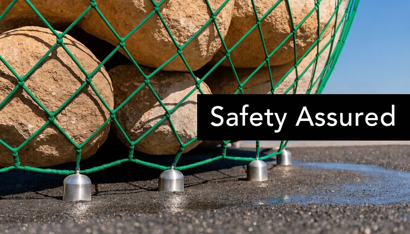 A close-up of a green rope climbing net secured to the ground by metal anchors.
