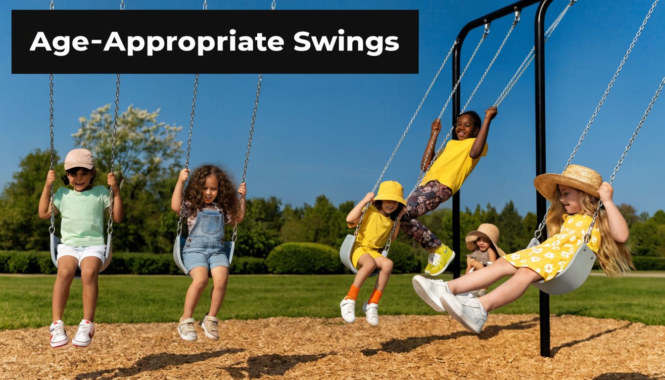 A group of diverse children having fun swinging together on a sunny day at a playground.