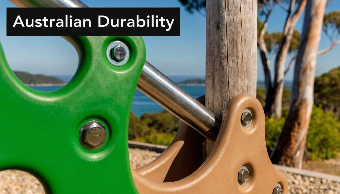 Close-up of a playground equipment component featuring green and tan plastic connectors joined by a metal rod.