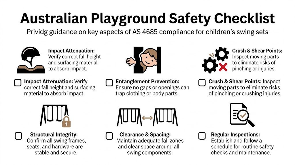 An Australian playground safety checklist for children's swing sets, highlighting compliance with AS 4685 safety standards.