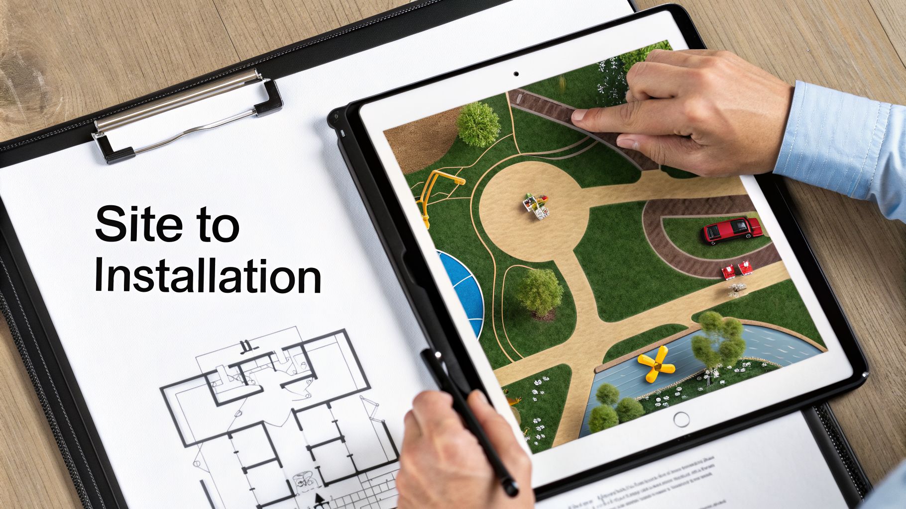 A person reviews a detailed miniature park design on a tablet next to a clipboard with architectural blueprints.