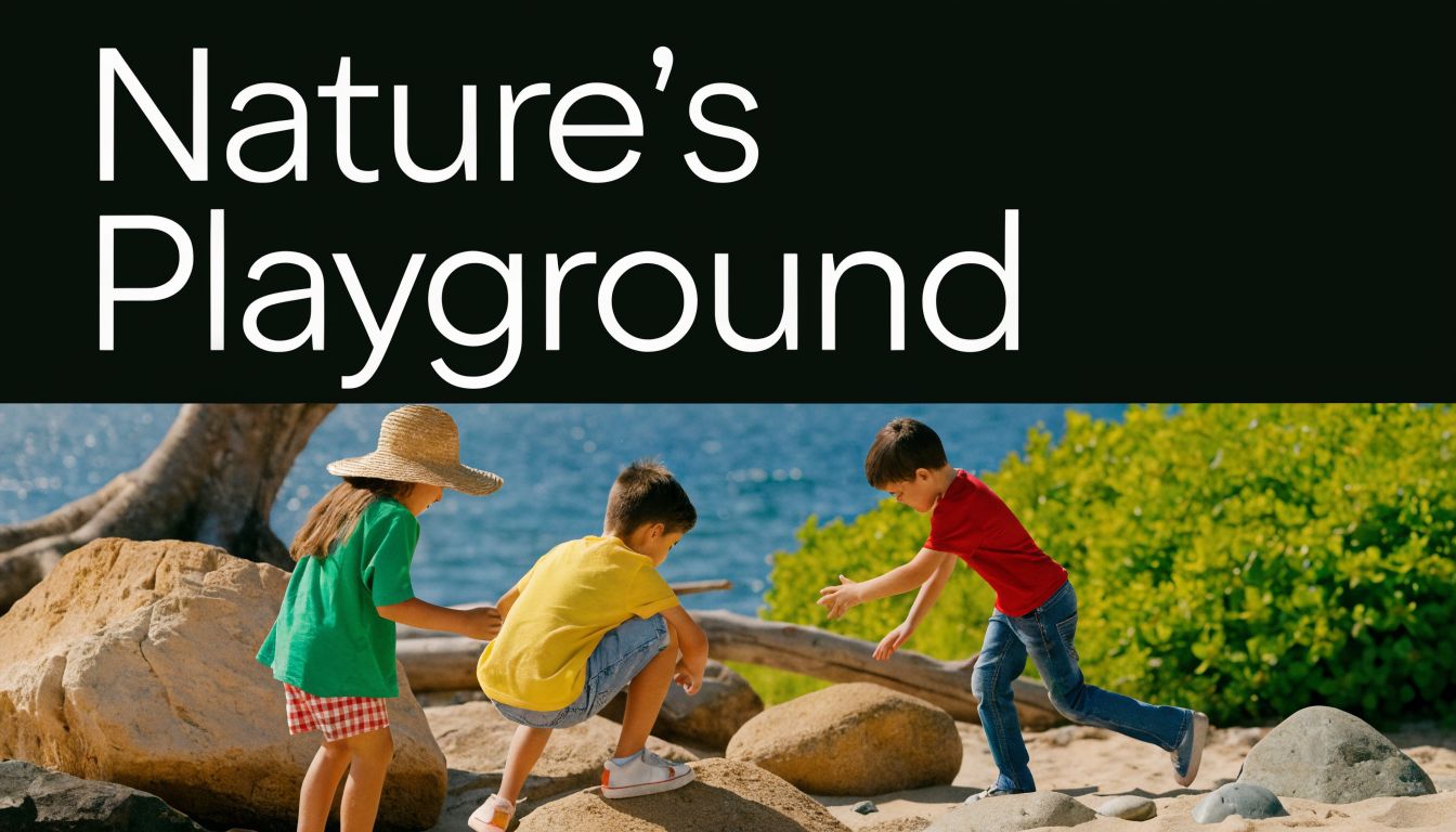 Three children playing outdoors on a sandy beach near large rocks and the ocean water.