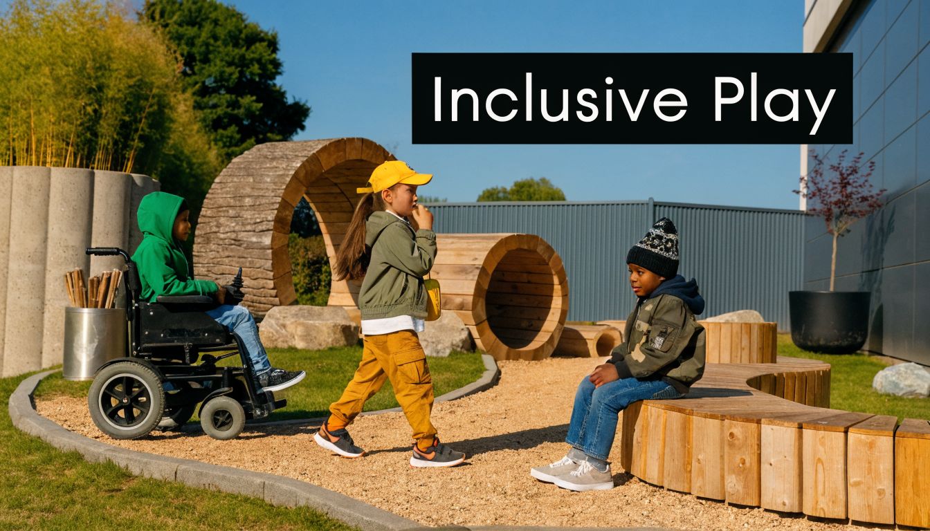Three diverse children interact playfully in a modern outdoor nature playground designed for accessibility and inclusive fun.