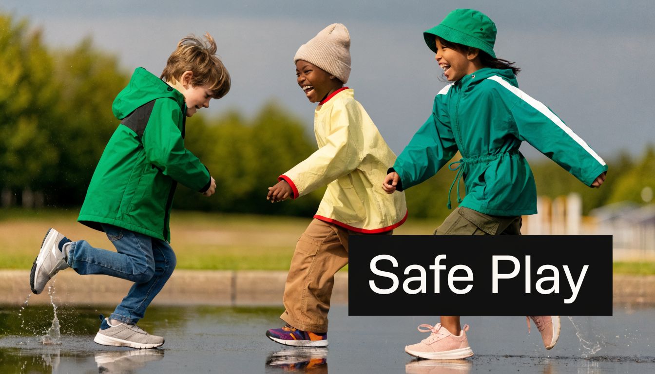 Three happy children running and playing in a shallow puddle outdoors on a sunny day.