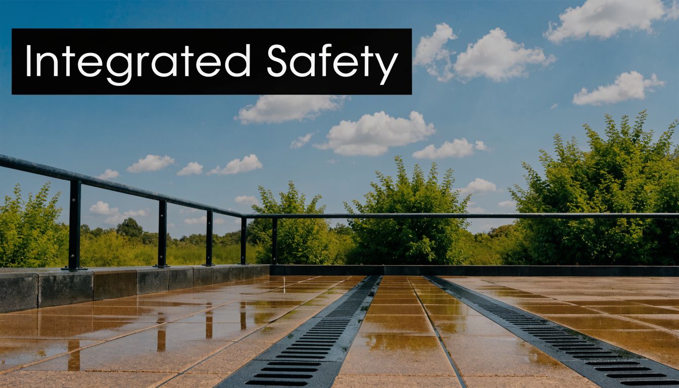 A balcony with non-slip flooring tiles and a metal safety railing overlooking a scenic park area.