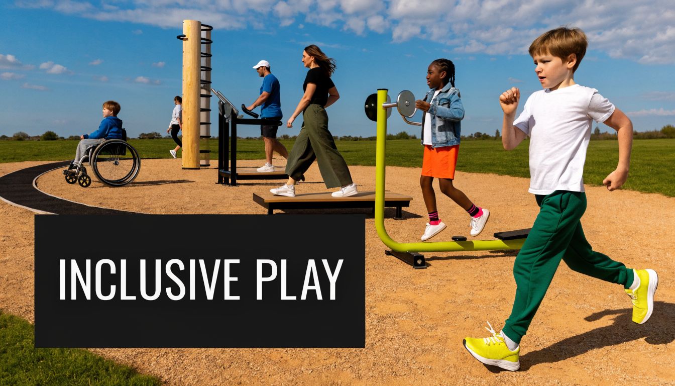 A diverse group of children and adults using inclusive exercise equipment at an outdoor fitness park.